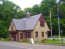 Old Bear Mountain Bridge Toll House along Routes 6 and 202, between the bridge and Peekskill, today used as an information center for surrounding parkland