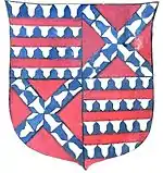 Quarterly 1st & 4th: Barry of six [seven] vair and gules; 2nd & 3rd: Gules, a saltire vair (Henry Beaumont of Devon, d.1591)