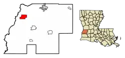 Location of Merryville in Beauregard Parish, Louisiana.