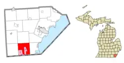 Location within Monroe County and the administered CDPs of Lambertville (1) and Temperance (2)