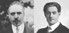 two middle aged white men, one (left) with neat moustache and small imperial beard, balding, the other clean shaven with a full head of dark hair