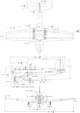 3-view line drawing of the Beechcraft T-34A Mentor