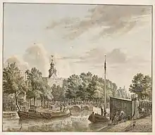 Prinsengracht with De Ster brewery in the foreground on the right. On the other side in the middle is the bridge over the Anjeliersgracht. Jan de Vervaariger Beijer (1758)