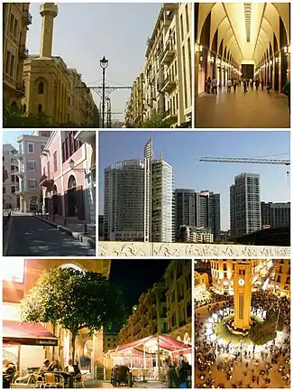 Clockwise from top left: Downtown buildings, Beirut Souks, New Waterfront towers, Nejmeh Square, Rue Maarad, Saifi Village