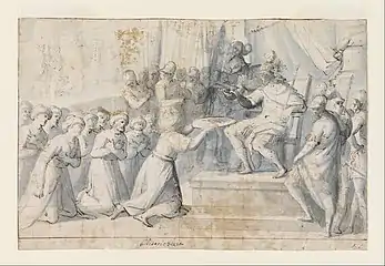 Turkish Ambassador presents gifts to Don Juan of Austria, circa 1630, drawing on paper
