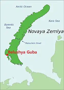 Belushya Guba shown on a map of Novaya Zemlya