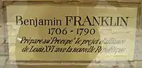 Plaque commemorating Benjamin Franklin's preparation of a Franco-American alliance in the café