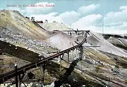 Mining with sluices on hillside at Klondike, 1898