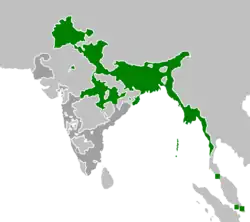 The extent of the Bengal Presidency at its peak between 1849 and 1853 in green, and rest of British India in grey.
