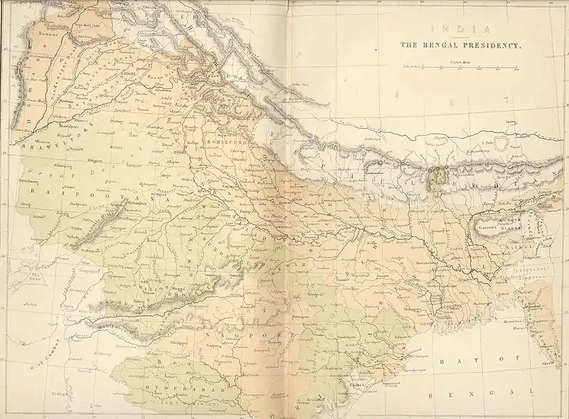 1858 map of the Bengal Presidency and 'Independent Tipperah' in the far right