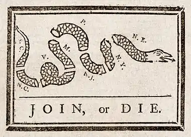 Join, or Die. by Benjamin Franklin was recycled to encourage the former colonies to unite against British rule