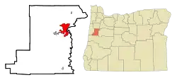 Location of Corvallis within Benton County (left) and Benton County within Oregon (right)