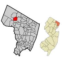 Location of Allendale in Bergen County highlighted in red (left). Inset map: Location of Bergen County in New Jersey highlighted in orange (right).