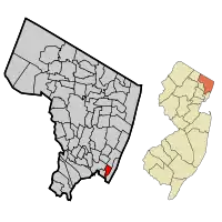 Location of Cliffside Park in Bergen County highlighted in red (left). Inset map: Location of Bergen County in New Jersey highlighted in orange (right).