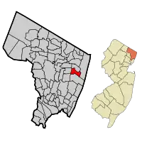 Location of Cresskill in Bergen County highlighted in red (left). Inset map: Location of Bergen County in New Jersey highlighted in orange (right).