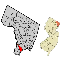 Location of East Rutherford in Bergen County highlighted in red (left). Inset map: Location of Bergen County in New Jersey highlighted in orange (right).