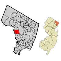 Location of Fair Lawn in Bergen County highlighted in red (left). Inset map: Location of Bergen County in New Jersey highlighted in orange (right).