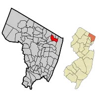 Location of Norwood in Bergen County highlighted in red (left). Inset map: Location of Bergen County in New Jersey highlighted in orange (right).