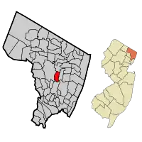 Location of River Edge in Bergen County highlighted in red (left). Inset map: Location of Bergen County in New Jersey highlighted in orange (right).