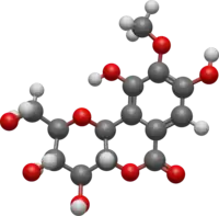 Chemical structure of bergenin in ball-and-stick format