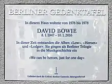 A memorial plaque to David Bowie