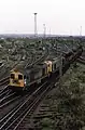 British Railways Class 20 No.s 20167 and 20162 take the line to Walsall, Hednesford and Rugeley from Bescot with a short train of empty coal wagons, November 1982