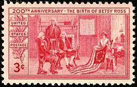 3¢ stamp issued in 1952 to commemorate Betsy Ross' 200th birthday.