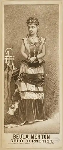 A poster featuring a full-length illustration of a young woman in a corseted gown, with a cornet on the table next to her
