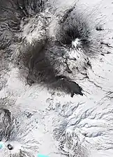 Natural-colour satellite image showing evidence of an eruption at the volcano.