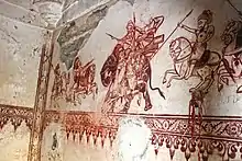 16th-century mural on the north side wall of the shrine depicting Ajaji on the horse attacking Mirza Aziz Koka on an elephant