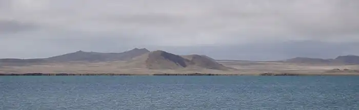 Smooth, rounded hills and flatlands covered in golden-brown vegetation lie beyond a lake under heavy cloud.