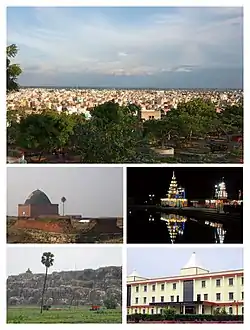 Top to bottom: The City Skyline, Tomb of Ibrahim Baya, Mora Talab Temple, View of Hiranya Parvat from NH 20, An institutional block at K. K. University