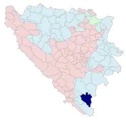 Location of Bileća within Bosnia and Herzegovina