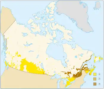 The Bilingual Belt. In most of Canada, either English or French is predominant. Only in the intermittent "belt" stretching between northern Ontario and northern New Brunswick, and in a few other isolated pockets, do the two languages mix on a regular basis.  English  English and French (Bilingual Belt)  French  Sparsely populated areas (< 0.4 persons per km2)