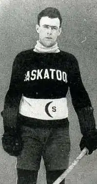 Hockey player dressed in Saskatoon Crescents uniform