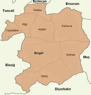 Map showing Yedisu District in Bingöl Province