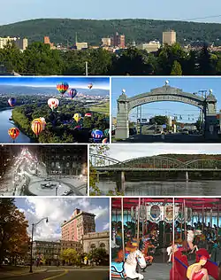 Clockwise from top: Downtown Binghamton skyline, the Endicott Johnson Square Deal Arch, the South Washington Street Bridge, the Ross Park Zoo carousel, Court Street Historic District, downtown in winter, and the Spiedie Fest and Balloon Rally.