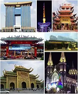 Clockwise, from top left:Bình Dương Administration Center, Clock Tower of Thủ Dầu Một's six-way intersection, Hội An Temple, Hội Khánh Temple, Phú Cường Cathedral, Đại Nam Văn Hiến, Temple of Lady Thiên Hậu.