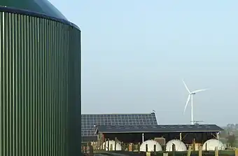 View of a farm in Horstedt, Germany, using  biogas, wind power and photovoltaics