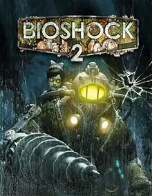 A large, metal-armored character with a drill for a hand and glowing yellow viewport in the helmet faces forward. On his back is a little girl with glowing yellow eyes. At the top of the image is the title BIOSHOCK 2, the letters corroded and covered in barnacles.