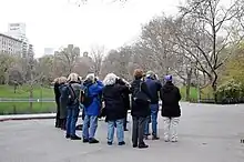A small group  facing away from camera, wearing winter jackets under gray skies looks through binoculars at a bird in a leafless tree.