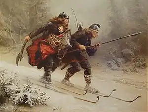 Loyal retainers transporting Prince Haakon IV of Norway to safety on skis during the winter of 1206—1869 depiction by Knud Bergslien.