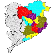 Colored map of the diocese of Girona. The different colors show the limits of arxiprestats that the diocese was divided in 2011. Some neighboring towns may be assigned to different parishes, arxiprestats or even to another diocese.