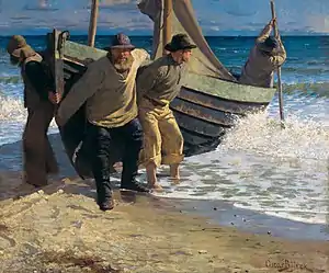 Launching the Boat. Skagen, Oscar Björck, 1885
