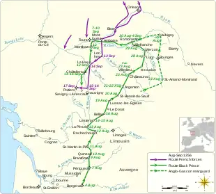 a map showing the route of the Black Prince's division during the campaign and dates of visits to various places, and similar for King John II's army