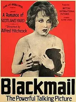 An advertisement for the movie Blackmail Surrounding text describes the film as "A Romance of Scotland Yard" and "The Powerful Talking Picture"