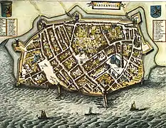 Map of Harderwijk (Blaeu's Toonneel der Steden), by Willem and Joan Blaeu, 1652. Note that north is at the bottom of the map.