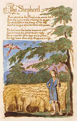 William Blake's hand painted print for his poem "The Shepherd" depicts the idyllic scene of a shepherd watching his flock with a shepherd's crook. This image represents copy B, printed and painted in 1789 and currently held by the Library of Congress.