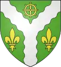 Arms of the town of Saint-Wandrille-Rançon:Vert, a pall wavy Argent accompanied in chief by one mill wheel Or and flanked by two fleurs-de-lys of the same.Because of the symmetry of the arms, the blazon can be simplified as:Vert a pall wavy Argent between one mill wheel and two fleurs-de-lys Or.