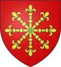 Arms of the town of Louvil in France: Gules, an escarbuncle Or pierced vert.